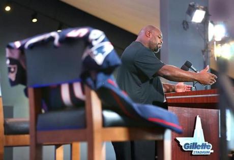 Foxborough-8/09/17- Former Patriots Vince Wilfork held a press conference at Gillette Stadium to anounce his retirement from football. His game jersey lies on a chair on the stage. John Tlumacki/Globe Staff(sports)
