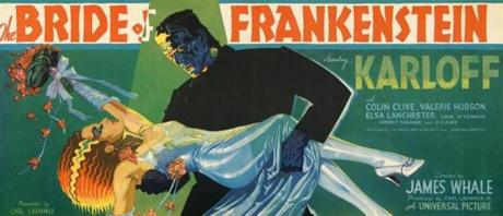 A vintage movie poster from 1935?s ?The Bride of Frankenstein,? part of Kirk Hammett?s collection on display at the Peabody Essex.
