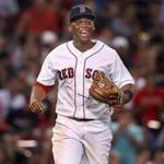 Boston, MA: July 31, 2017: Red Sox 3B Rafael Devers is all smiles after he started a top of the fourth inning ending 5-4-3 double play. The Boston Red Sox hosted the Cleveland Indians in a regular season MLB baseball game at Fenway Park. (Jim Davis/Globe Staff).
