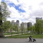 FILE - In this May 3, 2017 file photo, a couple walks with a child in the Boston Common, a park surrounded by buildings in downtown Boston. A Massachusetts bill allowing construction of a skyscraper that would cast shadows on two of America?s most treasured parks, Boston Common and the neighboring Public Garden, has been signed. Gov. Charlie Baker signed the legislation Friday, July 28, 2017, clearing the way for a 775-foot (236-meter) tower on city-owned property. (AP Photo/Elise Amendola, File)