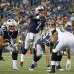 New England Patriots quarterback Jacoby Brissett (7) points as he calls out from the line of scrimmage during an NFL preseason football game against the Jacksonville Jaguars, Thursday, Aug. 10, 2017, in Foxborough, Mass. (AP Photo/Mary Schwalm)