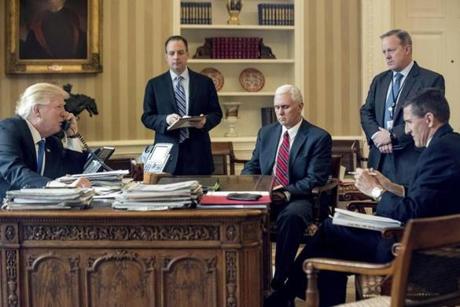Of the Trump administration members pictured in this January photo, only Vice President Mike Pence remains.

