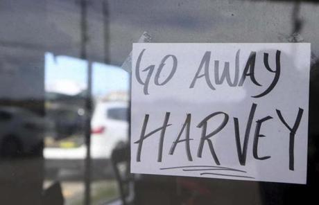 HARVEY SLIDER1 A sign is displayed at JB's German Bakery & Cafe as Hurricane Harvey approaches the area on Thursday, Aug. 24, 2017, in Corpus Christi, Texas. (Gabe Hernandez/Corpus Christi Caller-Times via AP)
