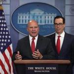 WASHINGTON, DC - AUGUST 25: U.S. Treasury Secretary Steven Mnuchin (R) and National Security Adviser H.R. McMaster (L) speak to members of the White House press corps during a daily briefing at the James Brady Press Briefing Room of the White House August 25, 2017 in Washington, DC. The U.S. has imposed a new sanction against VenezuelaÕs Nicolas Maduro government. (Photo by Alex Wong/Getty Images)