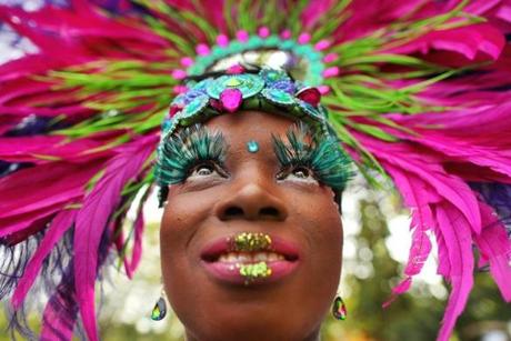 Angela Adamson had feathers attached to her eyeslashes as she participated in the annual Carnival Parade in Dorcheser on Saturday.
