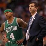 PHOENIX, AZ - MARCH 05: Isaiah Thomas #4 and head coach Brad Stevens of the Boston Celtics react during the second half of the NBA game against the Phoenix Suns at Talking Stick Resort Arena on March 5, 2017 in Phoenix, Arizona. The Suns defeated the Celtics 109-106. NOTE TO USER: User expressly acknowledges and agrees that, by downloading and or using this photograph, User is consenting to the terms and conditions of the Getty Images License Agreement. (Photo by Christian Petersen/Getty Images)