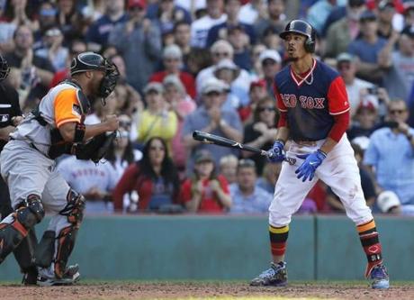 Boston, MA -- 8/27/2017 - Red Sox Mookie Betts reacts after being called out against the Orioles with the bases loaded during the sixth inning of play at Fenway Park. (Jessica Rinaldi/Globe Staff) Topic: RedSox-Orioles Reporter: 
