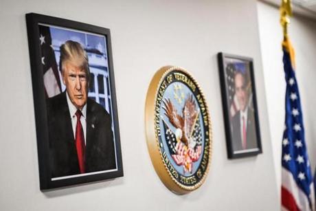 A framed portrait of President Trump ? downloaded from the White House website ? hung in the lobby of the Department of Veterans Affairs offices in Washington. 
