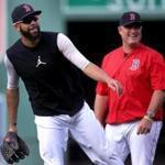 8Boston, MA - 8/25/2017 - Boston Red Sox pitcher David Price threw a session of long toss as Boston Red Sox manager John Farrell looked on. - (Barry Chin/Globe Staff), Section: Sports, Reporter: Peter Abraham, Topic: 26Red Sox-Orioles, LOID: 8.3.3518312820.