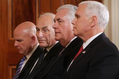 WASHINGTON, DC - AUGUST 28: (L-R) National Security Advisor H.R. McMaster, White House Chief of Staff John Kelly, Secretary of State Rex Tillerson and Vice President Mike Pence attend a joint news conference with U.S. President Donald Trump and Finnish President Sauli Niinisto in the East Room of the White House August 28, 2017 in Washington, DC. The two leaders discussed security in the Baltic Sea region, NATO and Russia during their meeting. (Photo by Chip Somodevilla/Getty Images) *** BESTPIX ***

