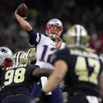 New Orleans, LA: September 17, 2017: Patriots quarterback Tom Brady fires a pass in the second quarter. The New England Patriots visited the New Orleans Saints in a regular season NFL football game at the Mercedes-Benz Superdome. (Jim Davis/Globe Staff).