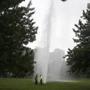 Water shot skyward on Boston Common after a valve broke while workers were trying to perform leak detection on a pipe. 