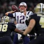 New Orleans, LA: September 17, 2017: Patriots quarterback Tom Brady fires a pass in the second quarter. The New England Patriots visited the New Orleans Saints in a regular season NFL football game at the Mercedes-Benz Superdome. (Jim Davis/Globe Staff).
