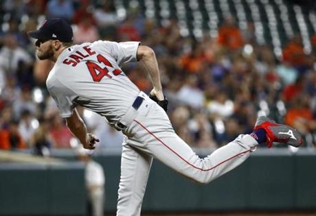 Boston Red Sox starting pitcher Chris Sale throws to the Baltimore Orioles in the first inning of a baseball game in Baltimore, Wednesday, Sept. 20, 2017. (AP Photo/Patrick Semansky)

