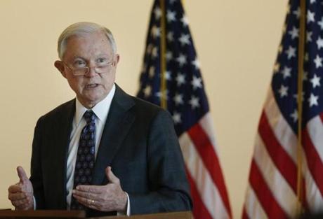 Boston, MA -- 9/21/2017 - Attorney General Jeff Sessions gives remarks to federal law enforcement about transnational criminal organizations at the Moakley Courthouse. (Jessica Rinaldi/Globe Staff) Topic: 22sessions Reporter: 
