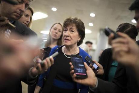 FILE ? Sen. Susan Collins (R-Maine) speaks to reporters on Capitol Hill in Washington, Sept. 18, 2017. Collins said she had ?a number of serious reservations? about the latest proposal to repeal and replace the Affordable Care Act. (Tom Brenner/The New York Times)
