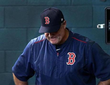 Houston, TX - 10/06/2017 - (9th inning) Boston Red Sox manager John Farrell has plenty to think about as the Sox lose Game 2 to the Houston Astros. The Houston Astros host the Boston Red Sox in Game 2 of the ALDS at Minute Maid Park in Houston, TX. - (Barry Chin/Globe Staff), Section: Sports, Reporter: Peter Abraham, Topic: 07Red Sox-Astros, LOID: 8.3.3941304829.
