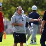 Foxborough, MA - 10/12/2017 - New England Patriots head coach Bill Belichick talks with New England Patriots quarterback Tom Brady and New England Patriots quarterback Jimmy Garoppolo at Patriots practice in Foxborough. - (Barry Chin/Globe Staff), Section: Sports, Reporter: Jim McBride, Topic: 13Patriots Practice, LOID: 8.3.4004141241.