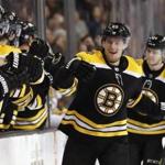 Boston Bruins' Sean Kuraly celebrates his goal with teammates on the bench during the third period of Boston's 2-1 win over the Vegas Golden Knights in an NHL hockey game in Boston Thursday, Nov. 2, 2017. (AP Photo/Winslow Townson)