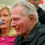 Boston-11/03/17- Pro-Football Hall of Fame linebacker Nick Buoniconti cries as he announces he is pledging his brain to the Boston University CTE Center and Concussion Legacy Foundation. He sat in a wheelchair next to his wife Lynn(left).John Tlumacki/Globe Staff(sports)