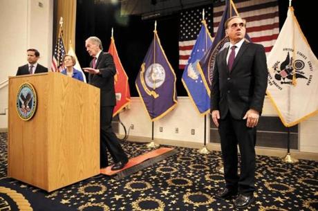Secretary of Veterans Affairs David J. Shulkin, right, took part in a press conference with US Representative Seth Moulton and US Senators Elizabeth Warren and Edward Markey, following a tour of the Edith Nourse Rogers Memorial Veterans Hospital in Bedford on Saturday. 
