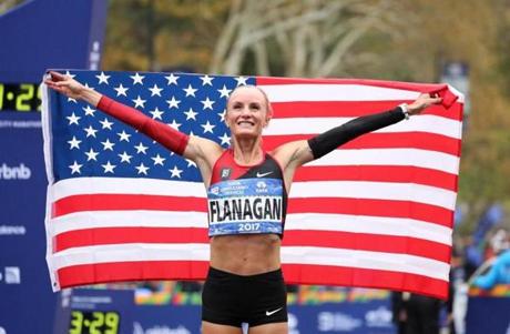 Marblehead native Shalane Flanagan celebrated her win at Sunday?s New York City Marathon.

