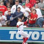 BOSTON, MA 10/08/2017 Red Sox right fielder Mookie Betts caught a fly ball from Astros Josh Reddick in the second inning. The Boston Red Sox host the Houston Astros in Game Three of the ALDS at Fenway Park in Boston on Oct. 8, 2017. (Stan Grossfeld/Globe Staff) 
