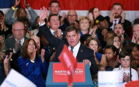 Boston, MA: 11-7-17: Boston Mayor Martin Walsh celebrated his re-election to a second term at a party held in the Grand Ballroom of the Fairmont Copley Plaza Hotel. He is pictured asa he arrives on stage to give his victory speech. (Jim Davis/Globe Staff)
