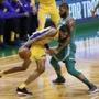 Los Angeles Lakers' Brandon Ingram tries to get past Boston Celtics' Marcus Morris during the first quarter of an NBA basketball game in Boston on Wednesday, Nov. 8, 2017. (AP Photo/Winslow Townson)