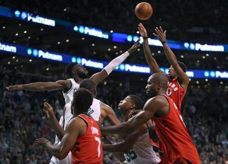 Raptors guard DeMar DeRozan missed this attempt from the field in the waning seconds of Sunday?s game at TD Garden.
