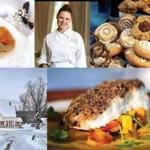Top row: Ocean House chef Jennifer Backman and one of her dishes; The White Mountains Inn to Inn Holiday Cookie and Candy Tour includes treats from the Inn at Crystal Lake. Bottom from left: The Lincoln Inn and Restaurant and nut-crusted Atlantic halibut on a bed of summer vegetables at the Old Inn on the Green.