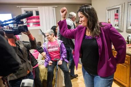 11/03/2015 DORCHESTER, MA Annissa Essaibi-George celebrates during a party at her home in Dorchester. Essaibi-George was just elected to the Boston City Council (Aram Boghosian for The Boston Globe) 
