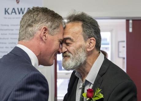 Ambassador Scott Brown shared a traditional M?ori greeting with M?ori elder Mike Paki before the Rangitikei College awards ceremony earlier this month.

