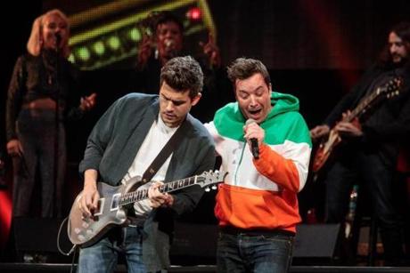 John Mayer (left) and Jimmy Fallon performed during Saturday?s Comics Come Home 23 show at TD Garden.
