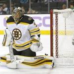 Anton Khudobin stopped a shot in the second period Saturday.
