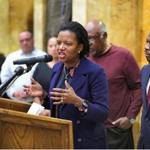 State Senator Linda Dorcena Forry (pictured last month) spoke at Tuesday?s luncheon about her parents, who immigrated from Haiti.