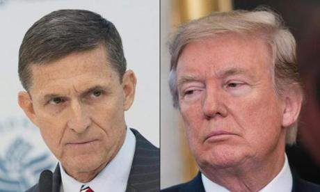 (COMBO) This combination of pictures created on November 5, 2017 shows a file photo taken on January 10, 2017 showing Lieutenant General Michael Flynn (ret.), National Security Advisor Designate speaking during a conference on the transition of the US Presidency from Barack Obama to Donald Trump at the US Institute Of Peace in Washington DC, January 10, 2017. and A file photo taken on November 2, 2017 showing US President Donald Trump listening to a speaker as he announces that Broadcom would be moving back to the US in the Oval Office at the White House in Washington, DC, on November 2, 2017. A new poll, released a year after Donald Trump's stunning electoral victory, shows the US president suffering historically dismal approval ratings as the Russia investigation casts a continuing shadow. A week after news that former Trump campaign chairman Paul Manafort and two other men had been indicted, NBC reported on November 5, 2017 that federal investigators have sufficient evidence to bring charges against Trump's former national security adviser Michael Flynn and his son, who has worked with him. / AFP PHOTO / CHRIS KLEPONIS AND NICHOLAS KAMMCHRIS KLEPONIS,NICHOLAS KAMM/AFP/Getty Images
