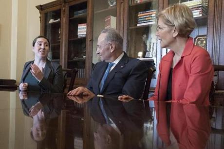 Leandra English, who served as deputy director of the Consumer Financial Protection Bureau and says she is the rightful acting director of the agency, met Monday with Senators Chuck Schumer and Elizabeth Warren on Capitol Hill.
