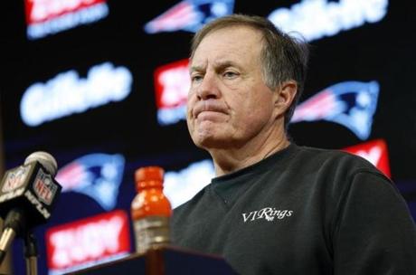 New England Patriots head coach Bill Belichick speaks to the media following an NFL football game against the Miami Dolphins, Sunday, Nov. 26, 2017, in Foxborough, Mass. (AP Photo/Michael Dwyer)
