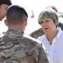 TAJI, IRAQ - NOVEMBER 29: British Prime Minister Theresa May speaks with British soldiers at the Camp Taji military base on November 29, 2017 in Taji, Iraq. Theresa May has made a surprise visit to Iraq during a planned visit to the Middle East. (Photo by Leon Neal/Getty Images)