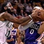 Boston, MA - 11/30/2017 - (2nd quarter) Boston Celtics guard Kyrie Irving (11) looked to have gotten all ball but was instead called for the foul on Philadelphia 76ers guard Jerryd Bayless (0) during the second quarter. The Boston Celtics host the Philadelphia 76ers at TD Garden. - (Barry Chin/Globe Staff), Section: Sports, Reporter: Adam Himmelsbach, Topic: 01Celtics-76ers, LOID: 8.4.190246640