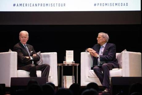 Joe Biden spoke on stage with journalist and former NBC Nightly News anchor Tom Brokaw at the Wilbur Theater on Monday.
