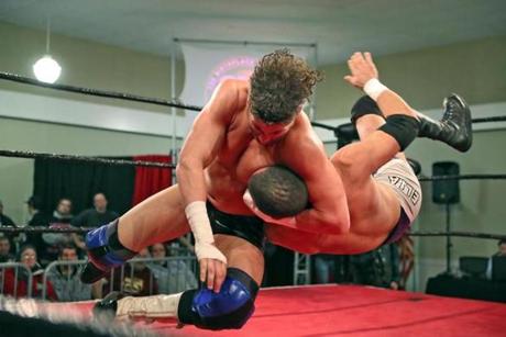 Chase Del Monte (left), the swaggering supervillain of Chaotic Wrestling, took down Elia Markopoulos during a match at a Woburn Elks Lodge last month. 
