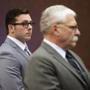 In this Oct. 25, 2017 file photo, Former Mesa police officer Philip Brailsford, left, and his attorney, Mike Piccarreta, stand for the jury, at the start of Brailsford's murder trial at Maricopa County Superior Court in Phoenix . Brailsford was acquitted Thursday, Dec. 7, 2017 of a murder charge in the 2016 fatal shooting of Daniel Shaver, an unarmed man outside his hotel room as officers were responding to a call that someone there was pointing a gun out a window. (David Wallace/The Arizona Republic via AP, File)