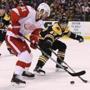 Boston MA 12/22/17 Boston Bruins defenseman Torey Krug (47) pressuring Detroit Red Wings center Frans Nielsen (51) who scored a goal on this play during first period action at TD Gardenl. (Matthew J. Lee/Globe staff) topic reporter: 