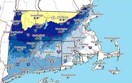 Communities north and west of Boston will get the brunt of the snow on Christmas Day.
