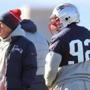Foxborough-12/27/2017 Patriots new hire, James Harrison on the practice field with coach Bill Belichick. John Tlumacki/Globe staff (sports)