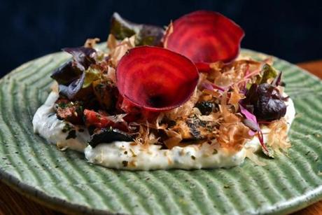 Cultivar?s yakitori beets with ricotta, farm egg, and furikake: an elegant take on a beet salad. 
