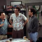 Newman (Wayne Knight), left, and Kramer (Michael Richards), center, explain their new idea of bringing a rickshaw business to New York City to Jerry (Jerry Seinfeld) in this scene from a 1998 episode of NBC's hit sitcom 