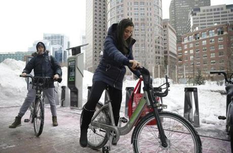 Leah Sabatino swapped a Hubway bike Monday for the Uber rides she?d been forced to use to commute to work amid recent brutal weather.
